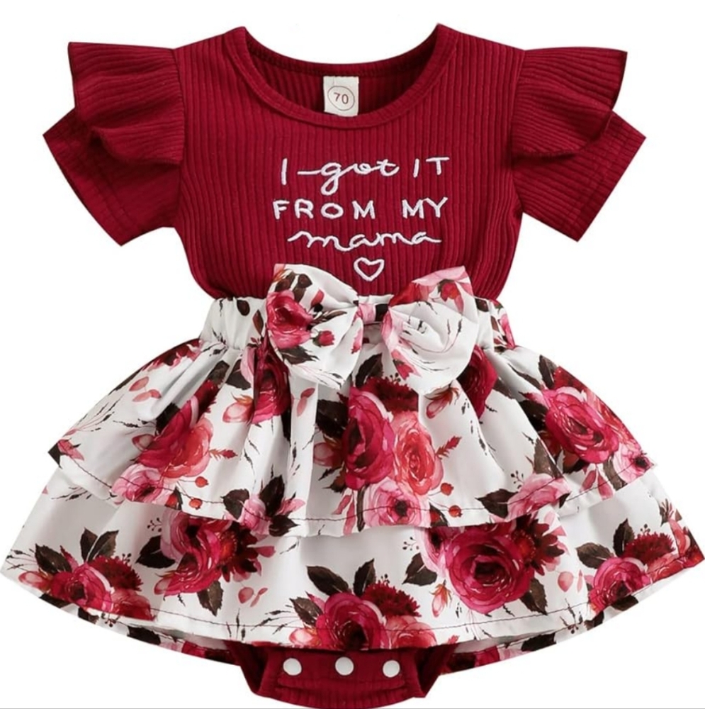 Charming Baby Dress with Floral Skirt - Burgundy and White 6-12 Months